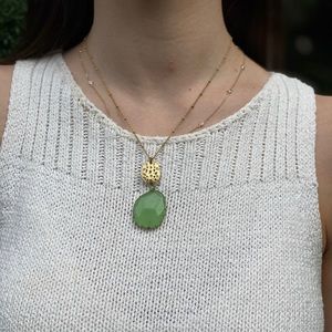 Green Stone Necklace with Beaded Gold Chain